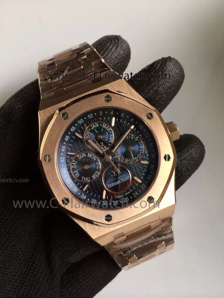 Replica Audemars Piguet Moon Phase Rose Gold Blue Dial Watch